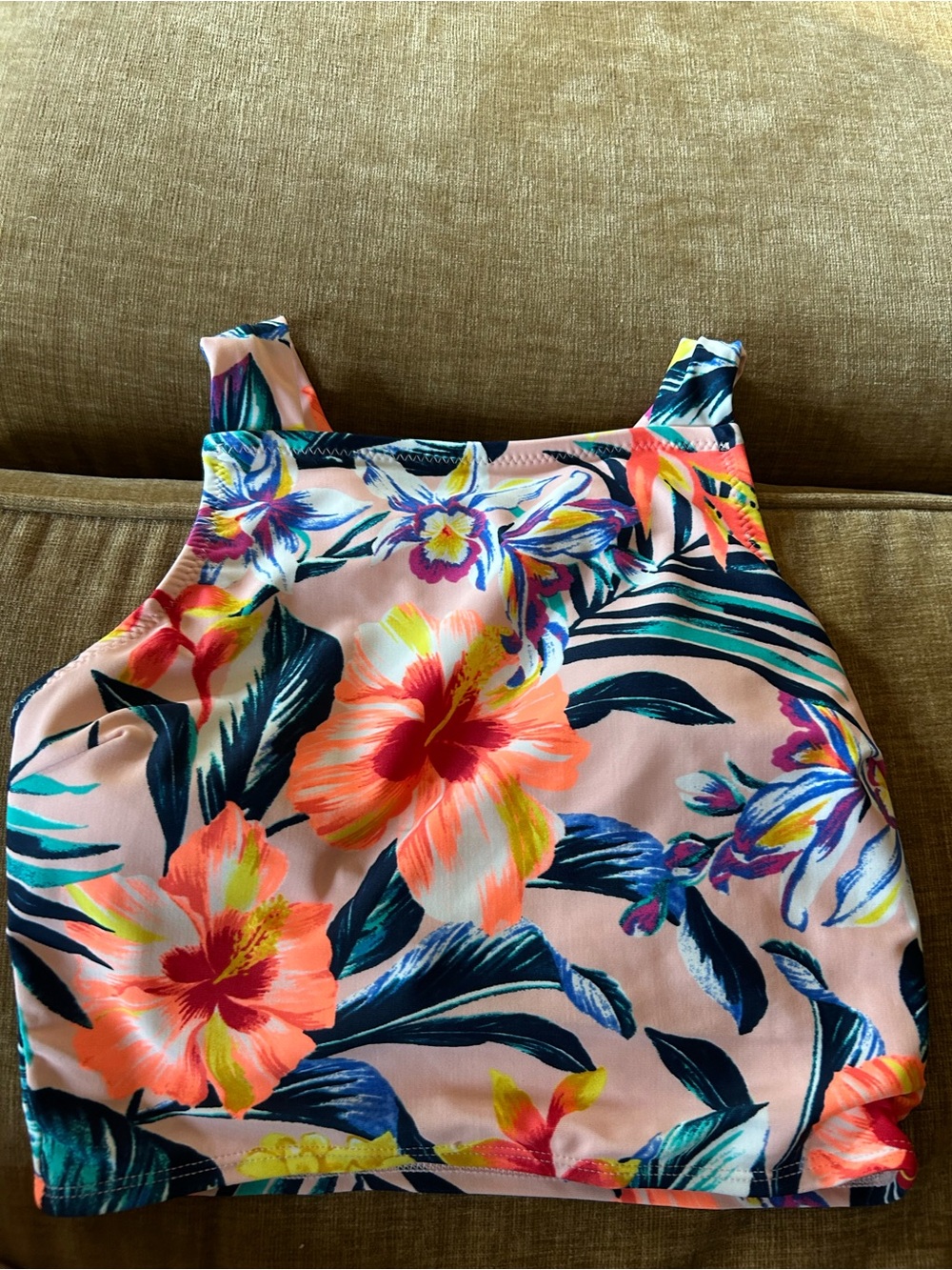 Old Navy High Neck Crop Top - Pink Tropical Print bathing suit size small